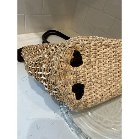 BRIGHTON Handbag Braided Leather Woven Straw Rafia Satchel Purse Heart Y2K - Picture 9 of 16